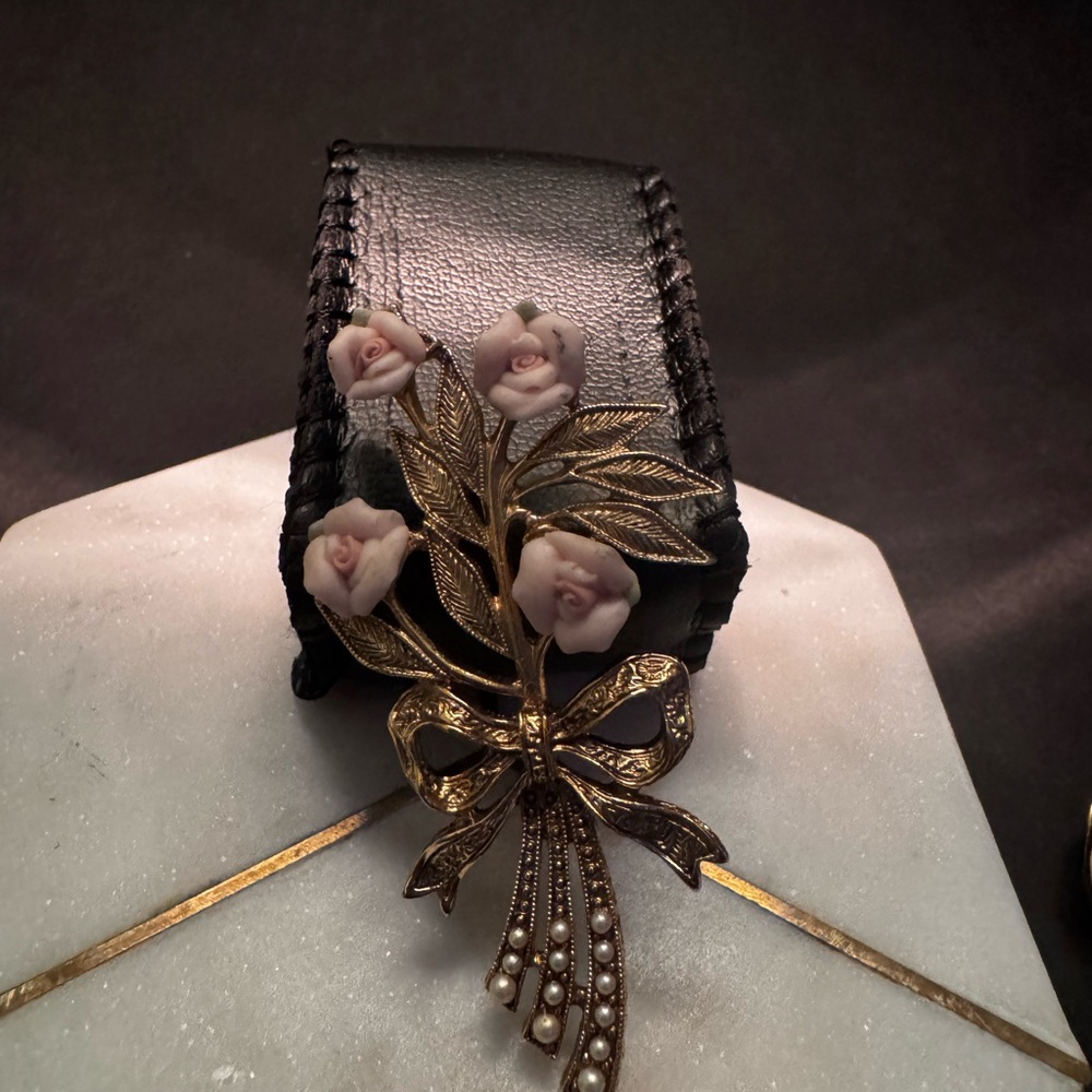 Gold and Pink Floral Bow Brooch
